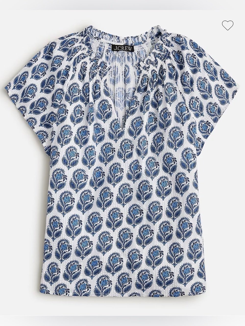 J. Crew White Blue Printed Short Sleeve Peasant Top